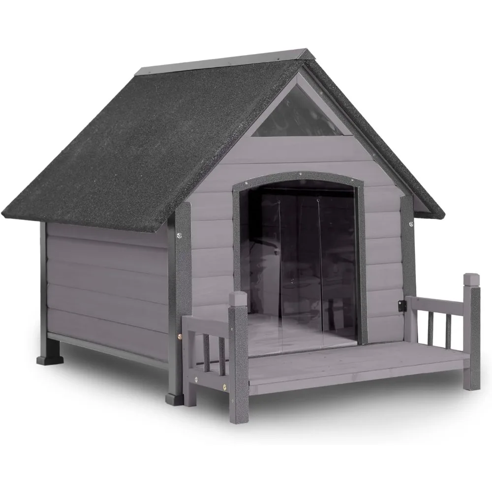 

Outdoor Dog House Indoor Dog Kennel with Anti-Chewing Metal Frame, Weatherproof Roof, PVC Curtain, Raised Legs