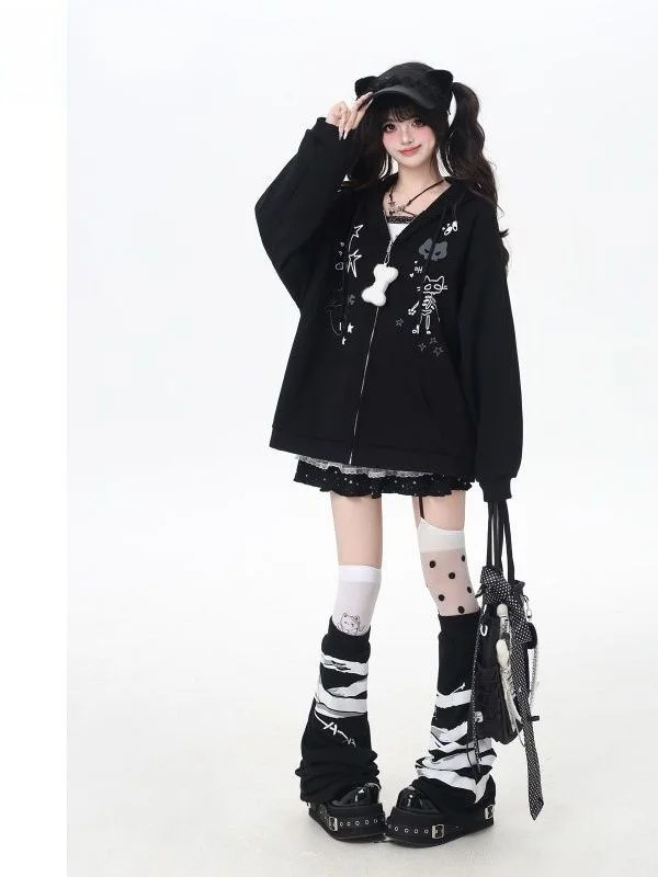 Y2K Japanese Style Hoodie Jacket Women's Autumn Winter New Loose Sweet Cool Graffiti Print Zipper Closure Breathable Top