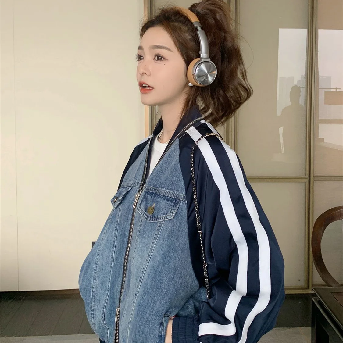 

Большой размер, весна-осень, винтажная лоскутная джинсовая куртка, мужская новая Гонконгская повседневная бейсбольная куртка, молодежная повседневная одежда