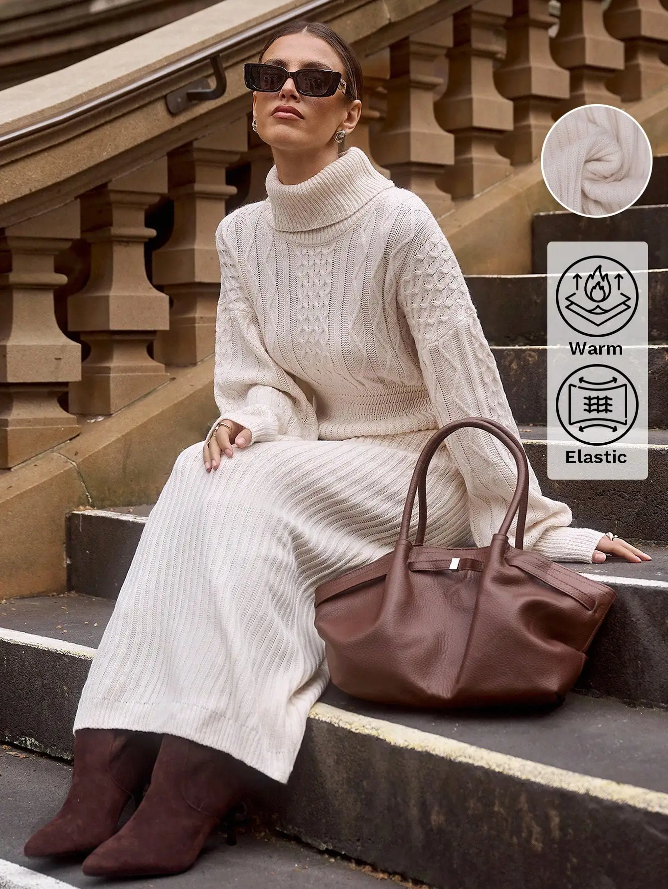 

Кремовое платье-свитер с высоким воротом и крупной вязкой, теплый и эластичный, для женщин, мода на зиму и осень