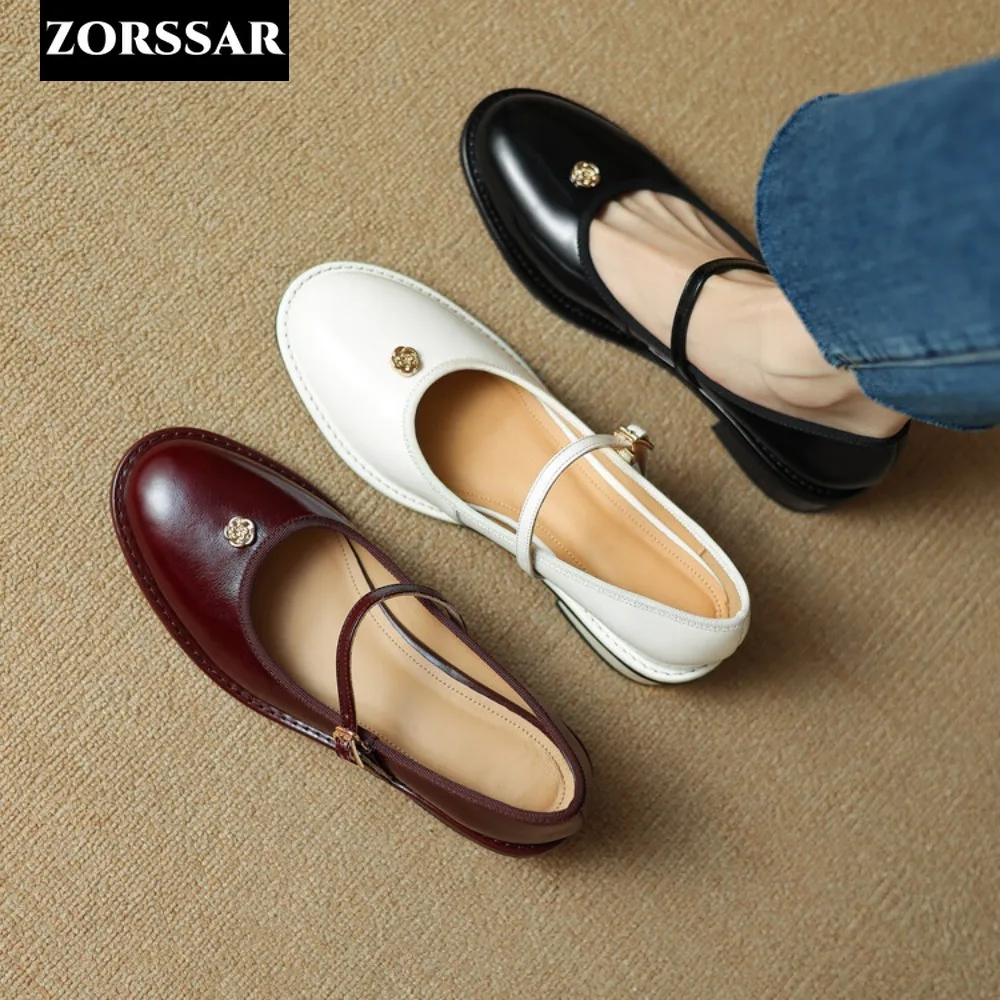 2024 New Genuine Leather Women Flat Shoes Fashion Red Ladies Elegant Mary Jane Shoes Flat Heel Casual Dress Outdoor Ballerinas