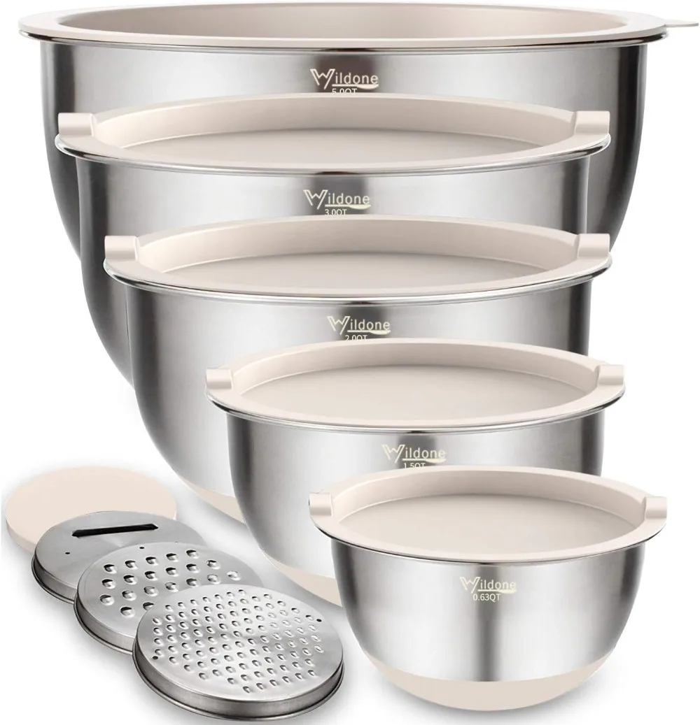 

Mixing Bowl Set of 5 Stainless Steel Nesting Bowls with Khaki Lids