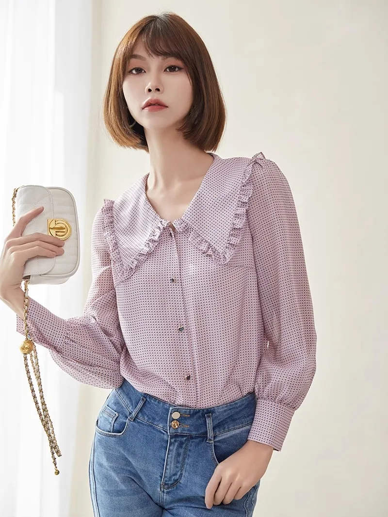 

Нежно-розовая шифоновая блузка в горошек с длинным рукавом, весна-лето, новый стиль, Poem Dream, женская одежда, на одной пуговице, больших размеров