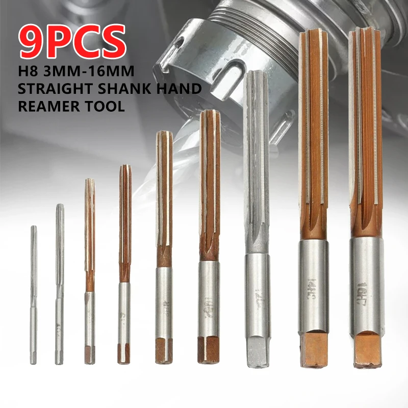 New 9pcs H8 3mm-16mm Straight Shank Hand Reamer Tool Engineering Parallel Fulte Set