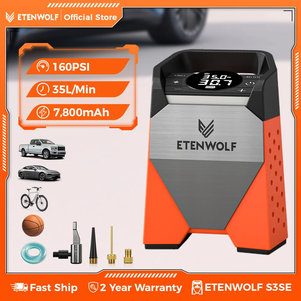 New ETENWOLF S3C Portable Tire Inflator Pump 7800mAh 160 PSI Car Compressor Powerbank Electric Wireless Air pump Tools LED Light
