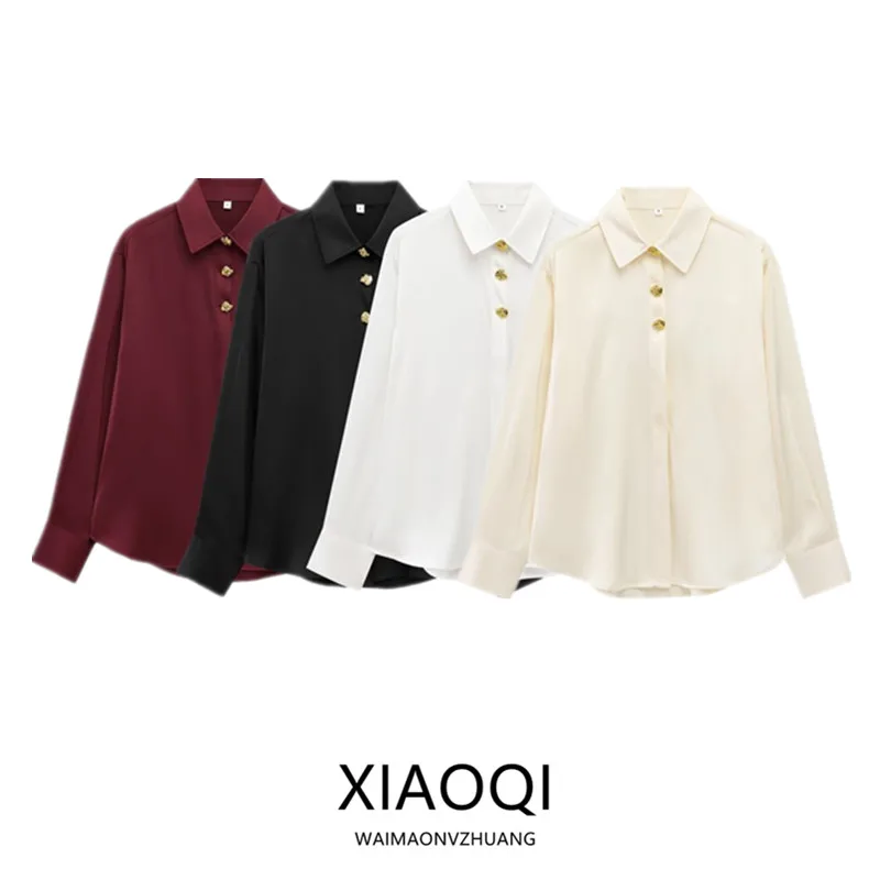 

Spring 2025 Women's irt Design Sensation Gold Button Decorated Silk Satin Texture Loose Fit Long Sve Regular Length