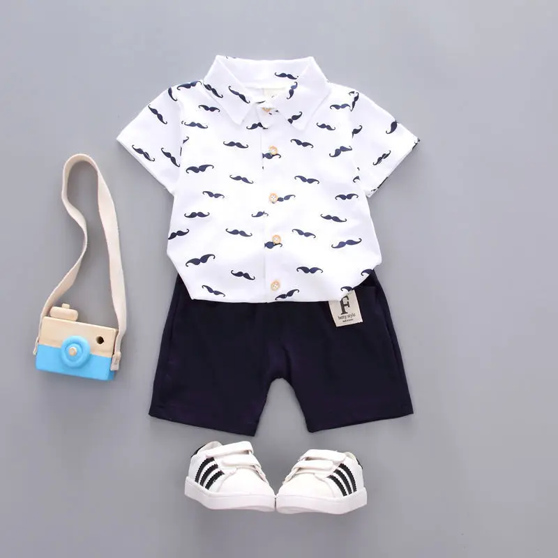 Boys Short Sleeved Set Summer Children's Korean Cardigan Beard Print Shirt+Black Pants 2PCS Set Baby Cool Clothes Infant  Outfit