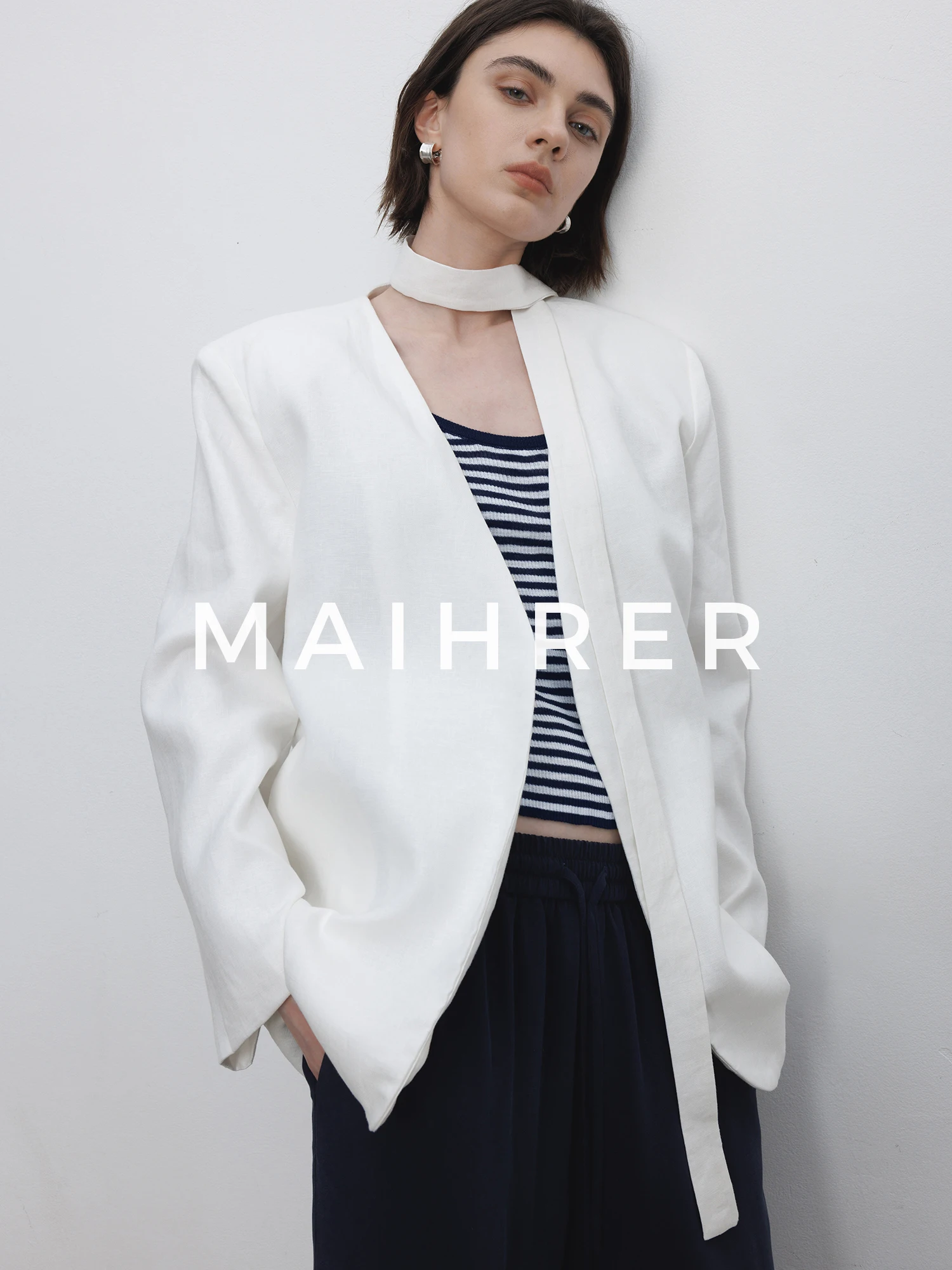 

Maiher Linen Suit Jaet Women's Spring Loose Waist Belted Classic Preppy Sle High End Feeling Casual Long Sve V-Ne