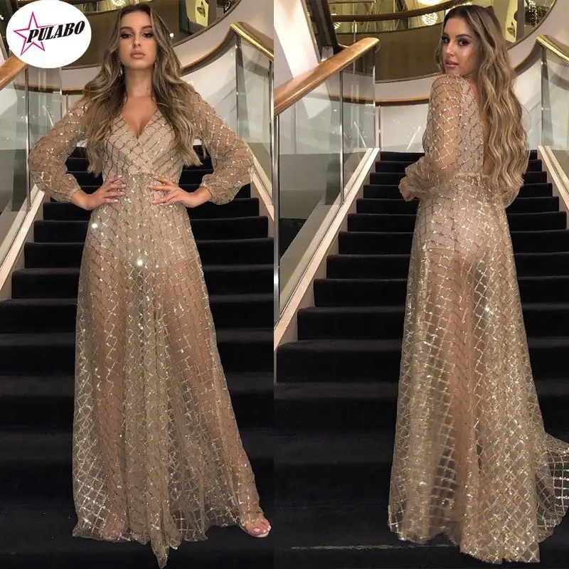 PULABO Christmas Party Women Summer Long Party Dress Long Sleeve Sexy Mesh Tulle Gold Sequin Maxi Dress Vestidos De Mujer Female