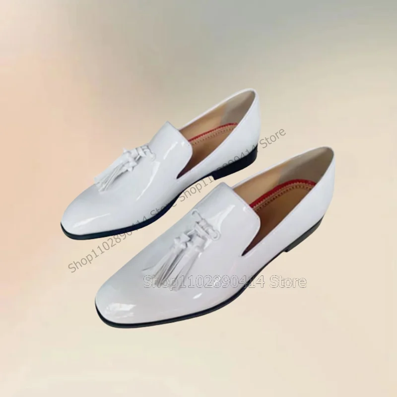 

White Patent Leather Tassels Decor Square Toe Loafers Fashion Slip On Men Shoes Luxurious Handmade Party Office Men Dress Shoes