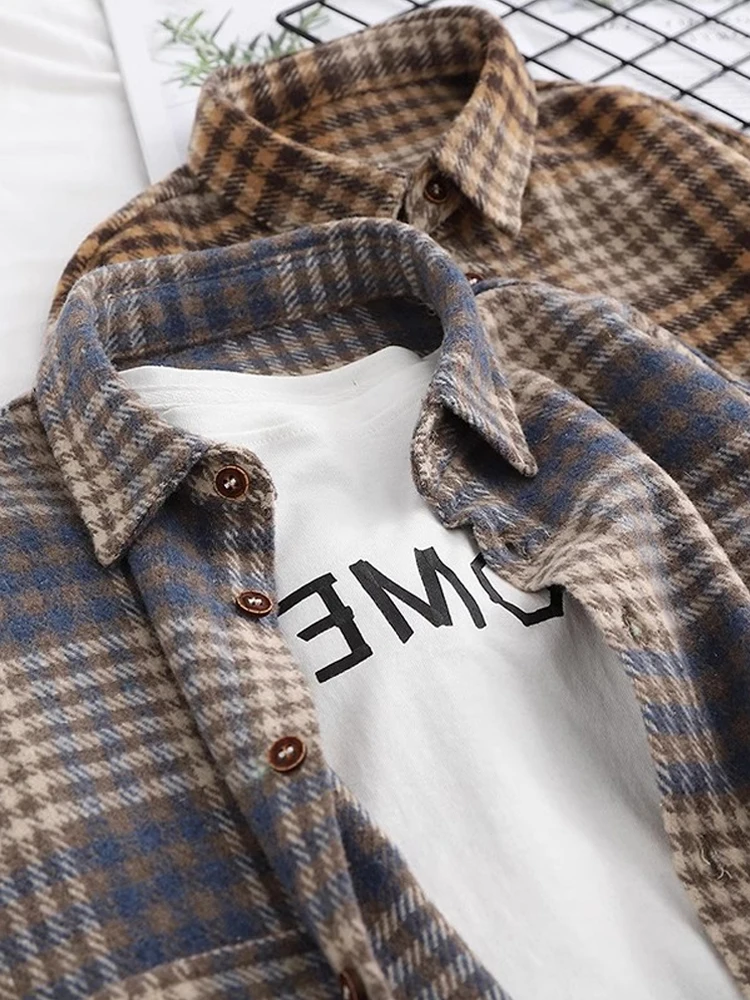 

Retro Plaid Flannel irt Women's Autumn Winter Outerwear Long Sve Loose Thi Casual irt Coat Trendy Straight Cut Butto...