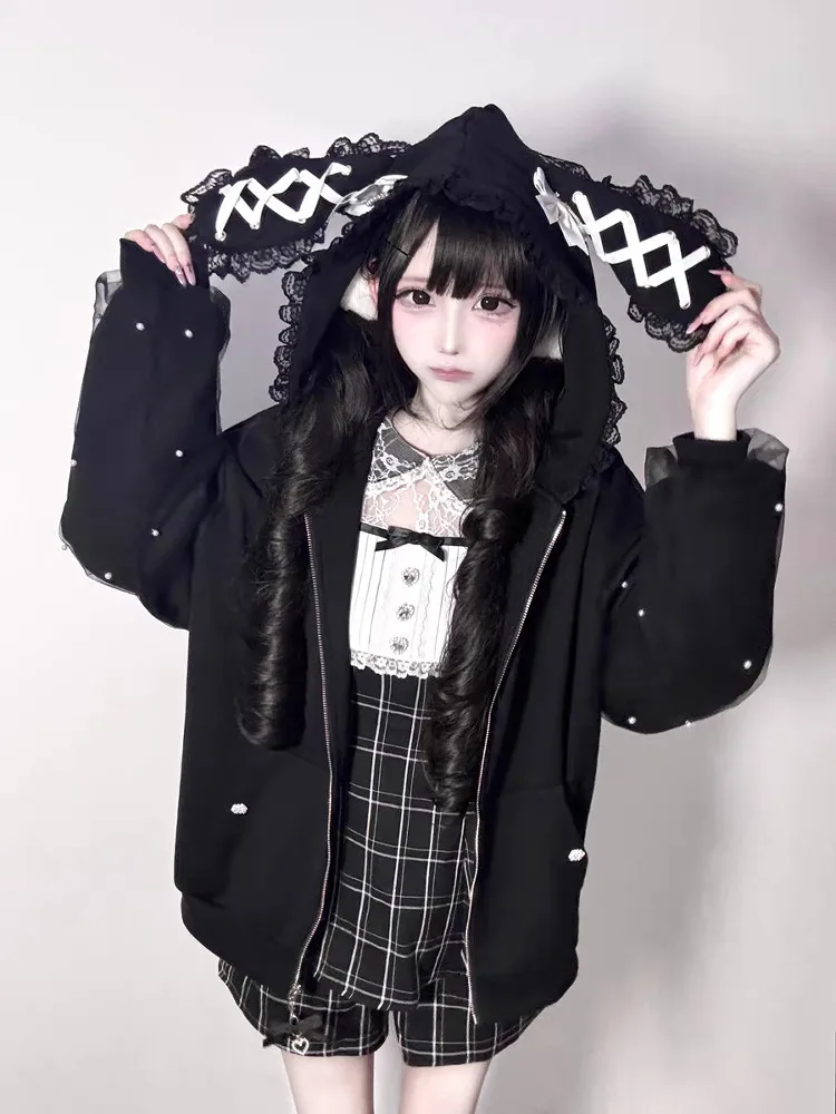 Japanese Sweet Cute Lace Bow Bunny Ear Sweatshirt Women Subculture Kawaii Loose Hooded Jacket Winter Y2k Harajuku Fashion Coat view 3