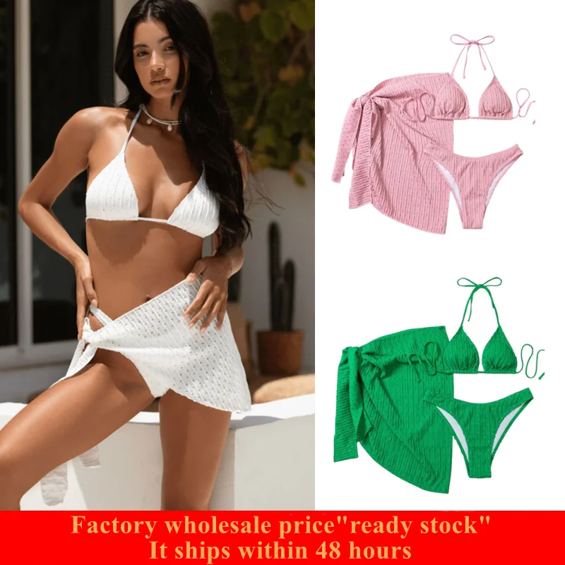 

3 Piece V Neck Swimsuit Women Removable Pads Pure Color Lace Up Swimwear Beach Skirt For Pool And Beach