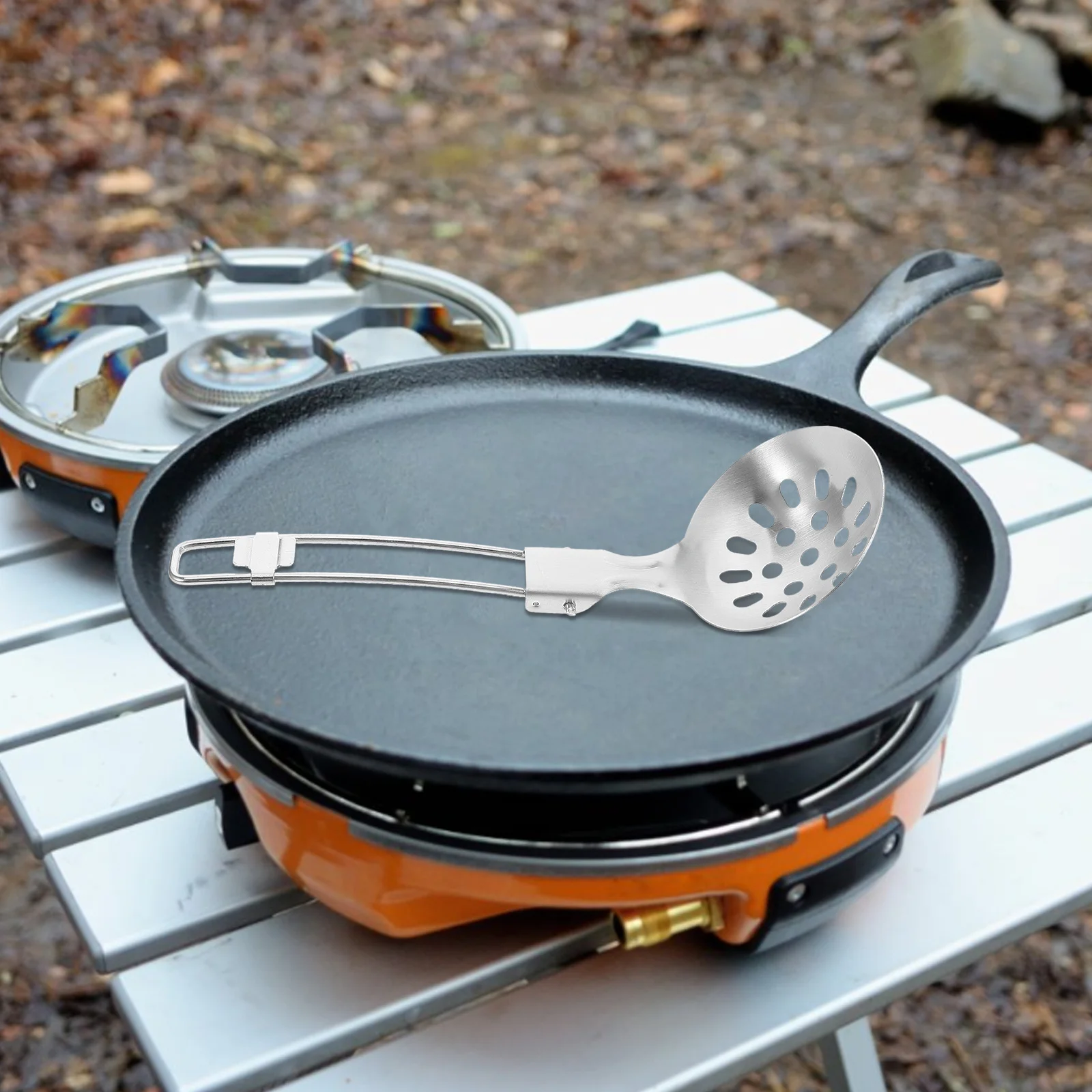 Colher dobrável com fenda, aço inoxidável, portátil, utensílio de cozinha para acampamento, fácil limpeza, design compacto para acampamento, caminhadas, pesca