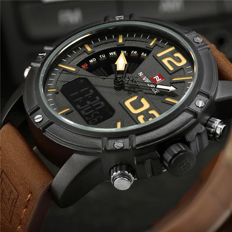 NAVIFORCE Men Watch Digital Sport Mens WristWatch Top Brand Luxury Military Army Leather Band Analog LED Quartz Male Clock 9095