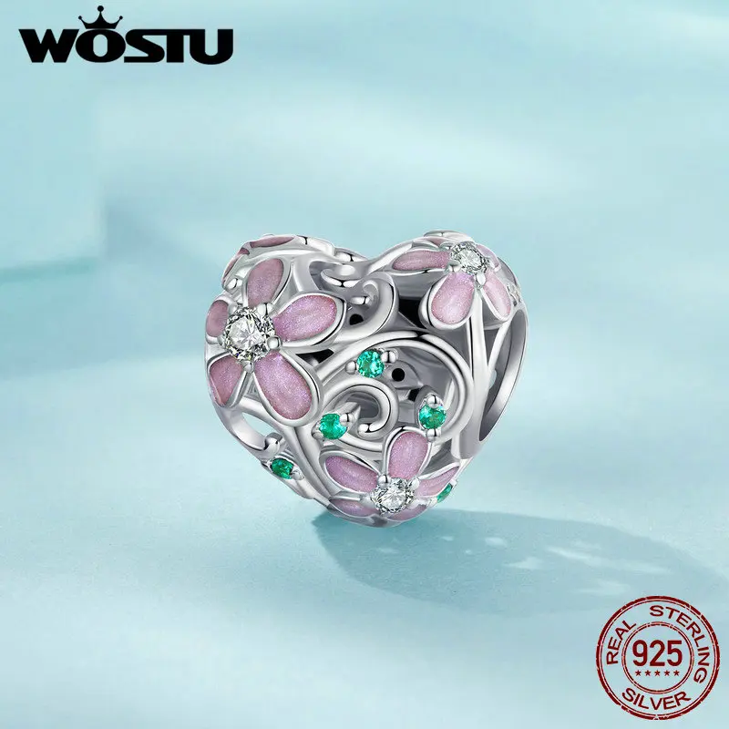 WOSTU 925 Sterling Silver Green Lucky Clover Spacer Bead Red Ladybug Charms Pink Flower Pendant Fit Bracelet Necklace DIY Gift