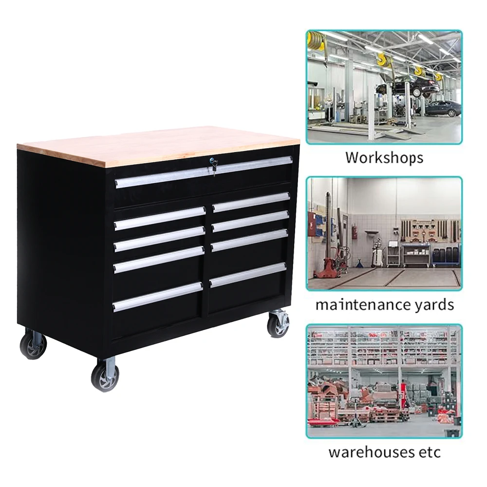 Tools Trolley Tool Chest Lockable Wheels Workshop Garage Storage Metal Tool Cabinet Cart Workbench with Handle and Wood Desktop