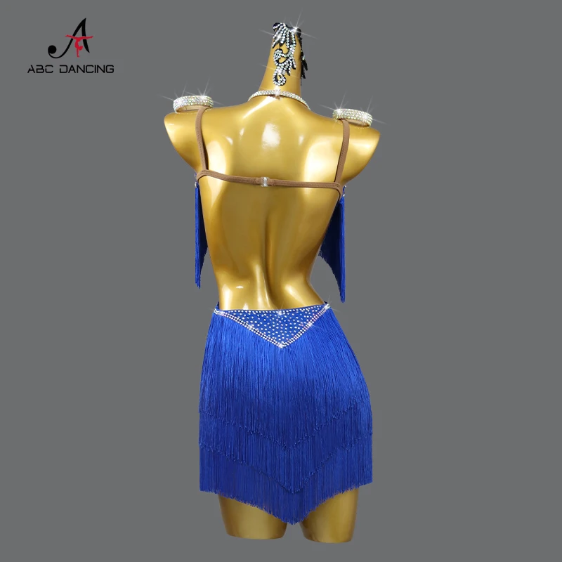 2024 New Latin Performance Dance Dress Women Sexy Outdoor Ball Party Fringe Skirt Sports Practice Wear Blue Line Suit Customized