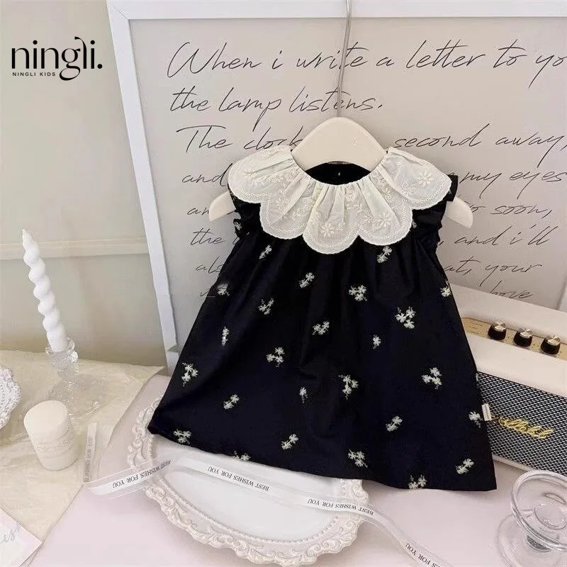 

Korean Children's Clothing Summer New Embroidered Ruffle Collar Black Floral Dress Girls Sleeveless Vest Dress Trend