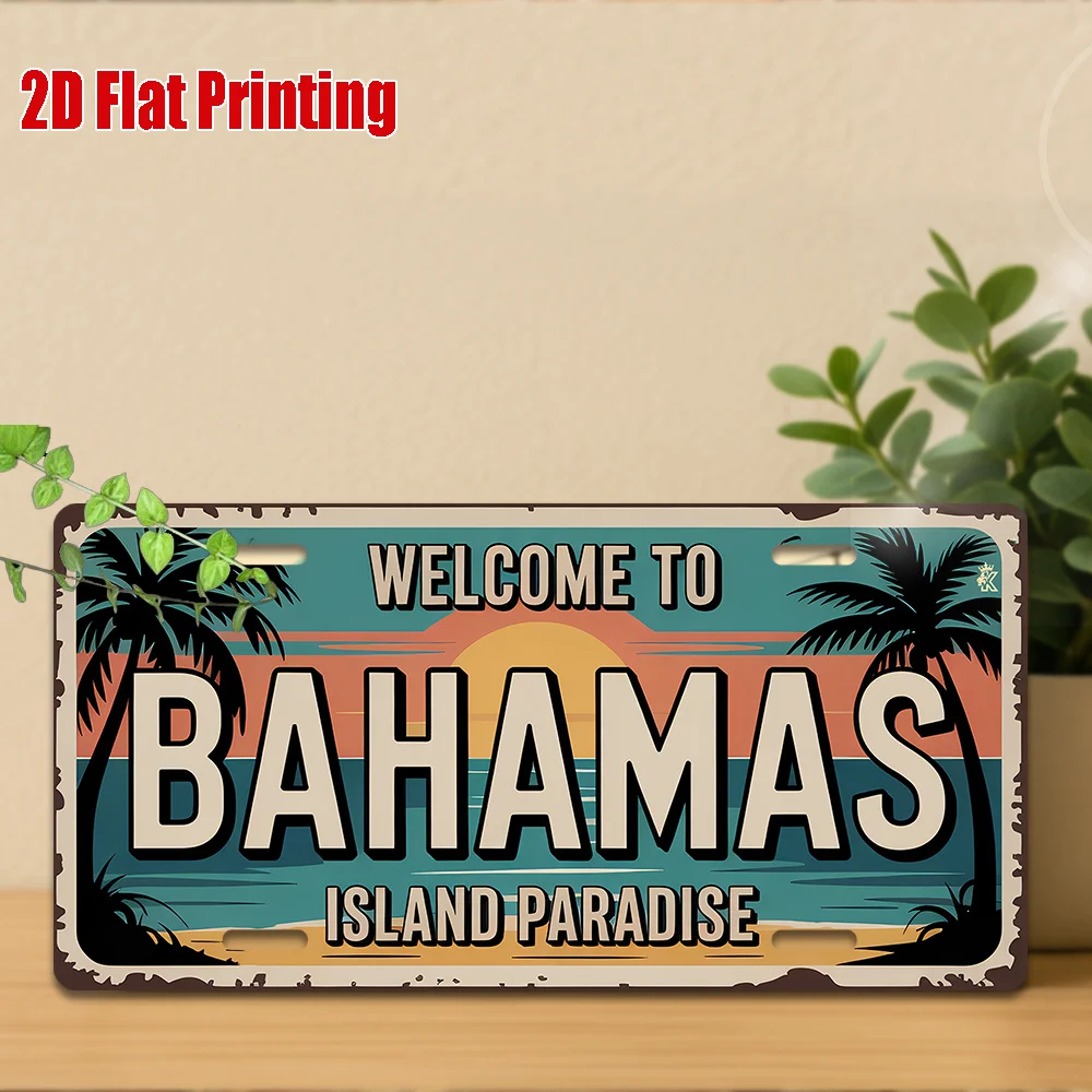 Impresión plana 2D, 1 unidad, Letrero metálico vintage, solo para fines decorativos, placa decorativa para exteriores y decoración de pared (30 cm x 15 cm), Bahamas