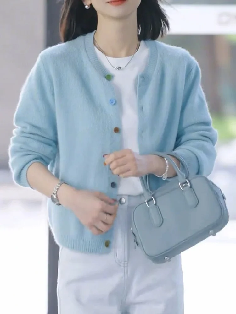 

Ele Long Sve трикотаж на одной пуговице, простой топ, женский корейский свободный крой на пуговицах Embellied Camere