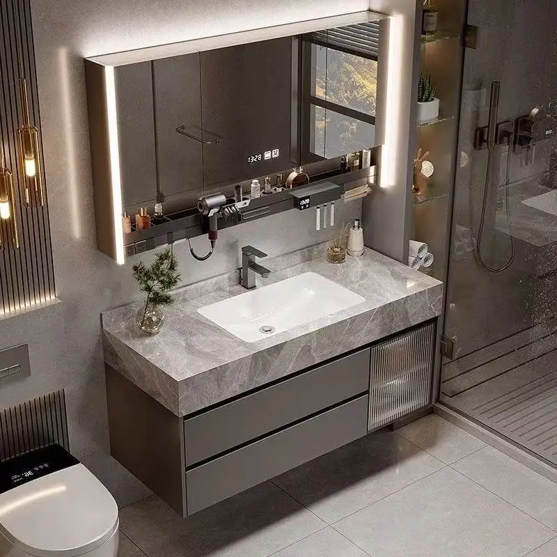 

Solid wood multi-layer wall-mounted E1 grade rock slab door opening, paint-free simple bathroom cabinet, bathroom washbasin cabi