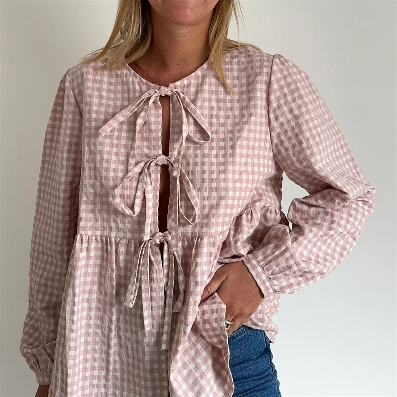 Women Y2k Gingham Puff Sleeve Peplum Shirt Tie Front Ruffle Hem Babydoll Blouse Cute Lace Up Summer Streetwear