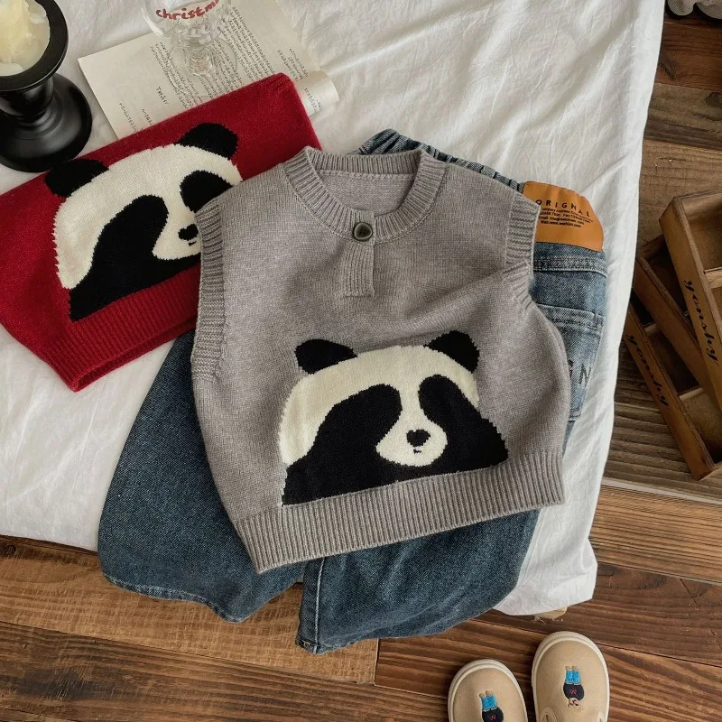 Children Boys Panda Jacquard Knitwear BELLBELL Autumn Infant Babys Boys Knit Vest Round Collar 2-8Yrs Kis Boy Sleeveless Sweater