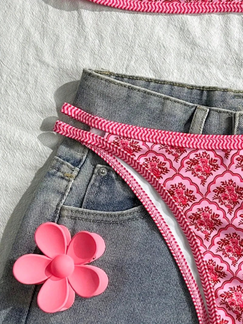 Sexy rosa flor impressão micro biquínis define duas peças tanga maiôs conjunto de biquíni tankini beachwear biquini