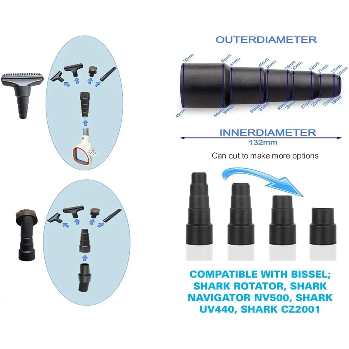 The New Universal Vacuum Hose Adapter Converter 50/42/34/30/23mm Black Soft Rubber Round Suction Hose Converter Dry Wet Use