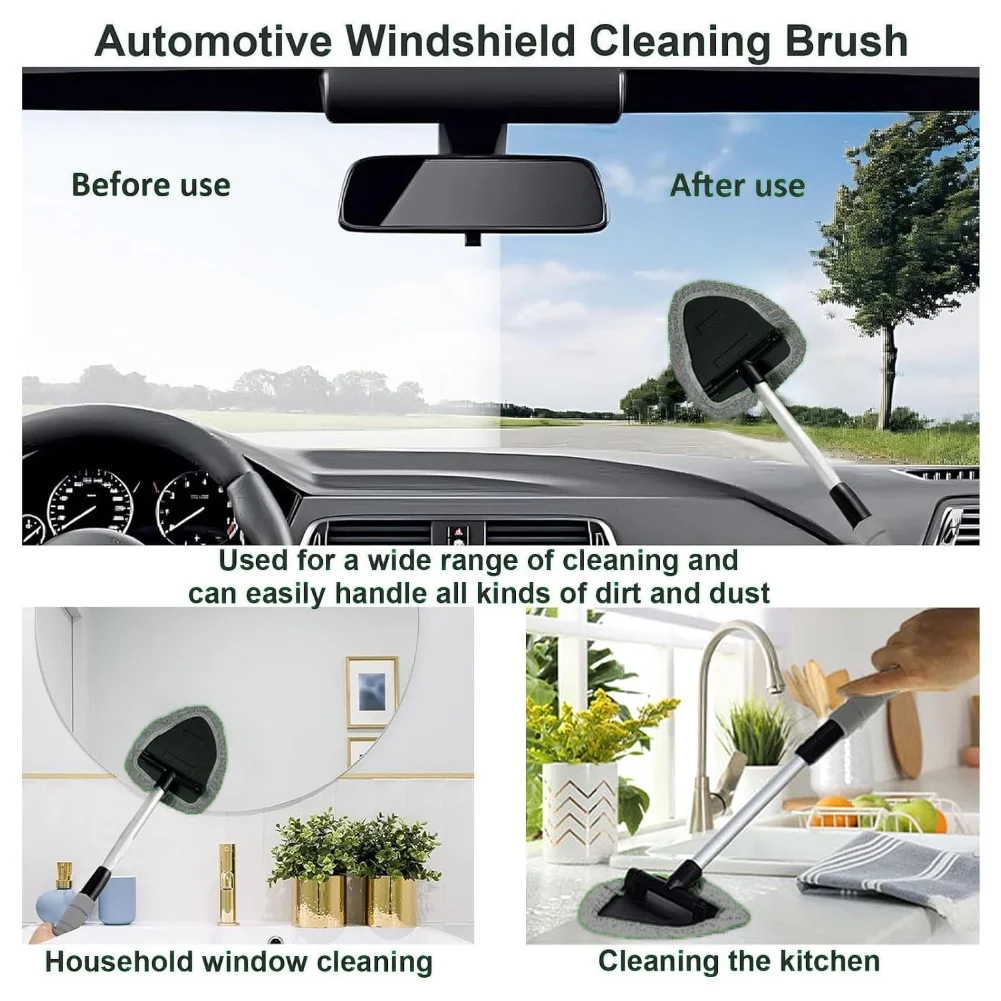 Windshield Cleaning Tool, Car Window Cleaner with 2 Washable Reusable Microfiber Pads, Extendable Long Handle Glass Wiper Cleani
