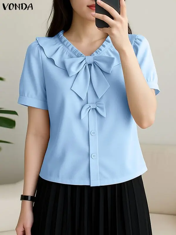 VONDA Elegante Office Lady Camicie Donna Estate Manica corta Colletto con fiocco Tunica Moda Top 2025 Elegante tinta unita Casual Blusas