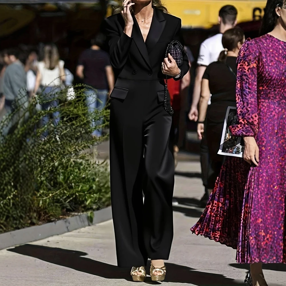 

Women's Elegant Long Sleeve V Neck Jumpsuits Autumn Winter Luxurious Plain Full Length Pants for Commute Graceful