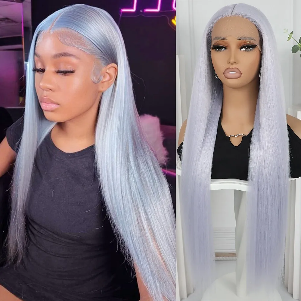 

US 32 inch Synthetic Hair Lace Front Wigs Women Party Long Straight Light Blue