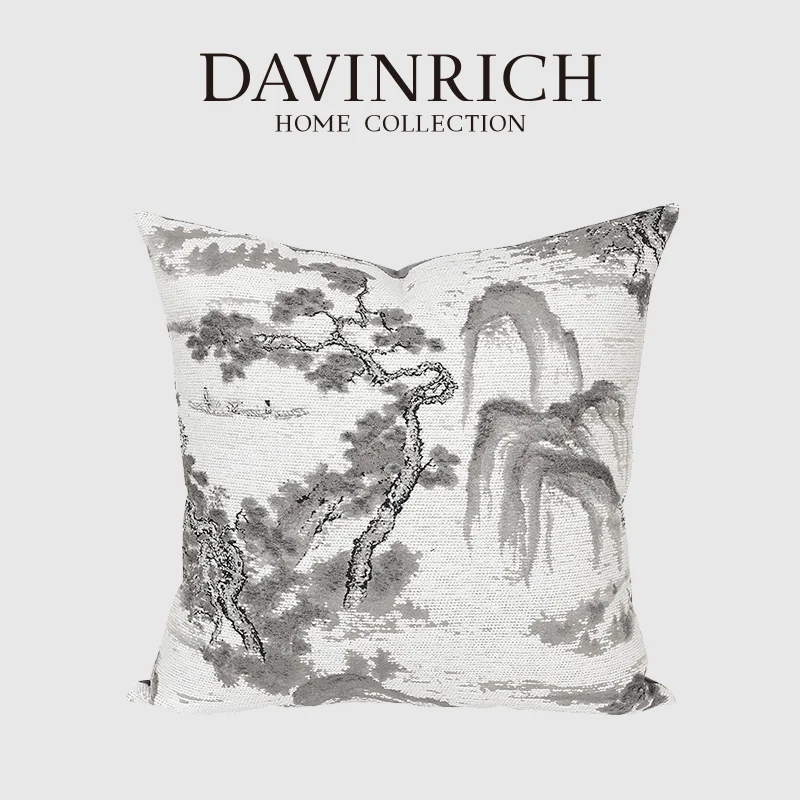 DAVINRICH Nostalgic Style Throw Pillow Cover Pavilion Landscape Ancient Chinese Art Jacquard Cushion Case 45x45cm For Sofa Couch