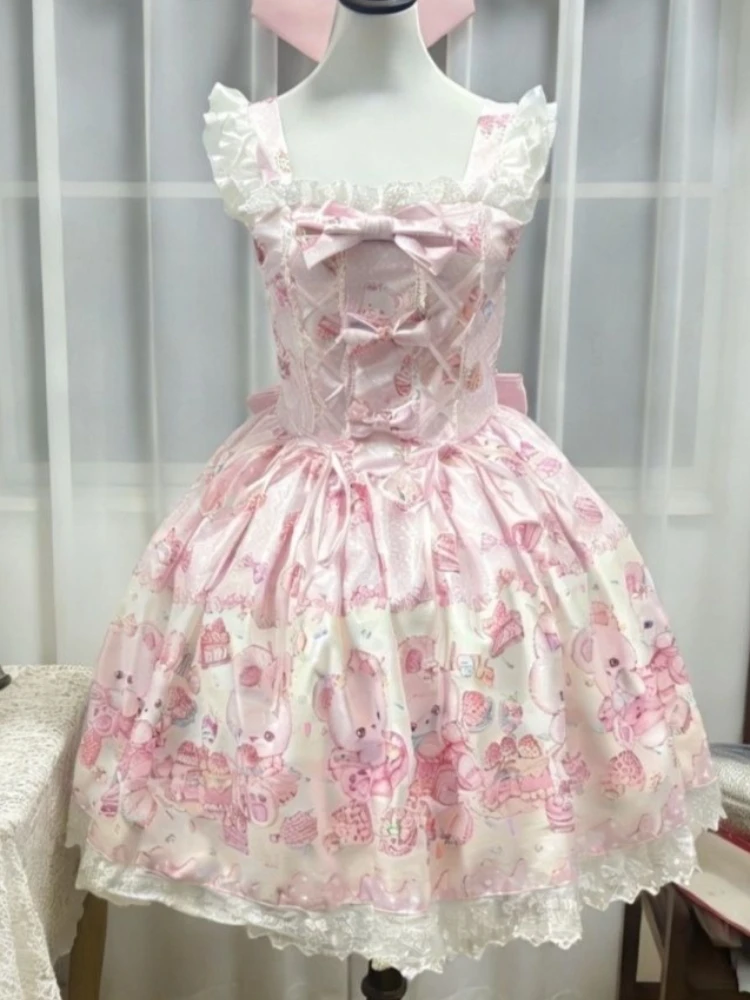 2026 Summer Sweet Japanese Cute Pink Kawaii Dress Design Lovable Pretty Lace Rabbit Print Slim Patchwork Cake Dresses Women view 5