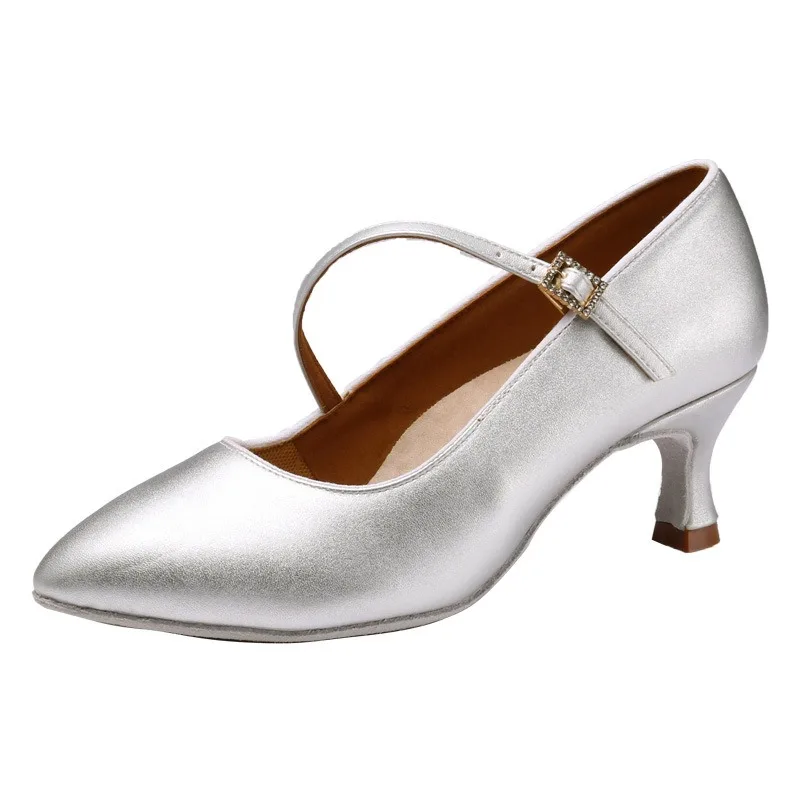 Silver Tan Leather Closed Toe Standard Ballroom Latin Wedding Shoes Meduim Heel 5.5cm 6.5cm 7.5cm Ballroom Dance shoes For Women