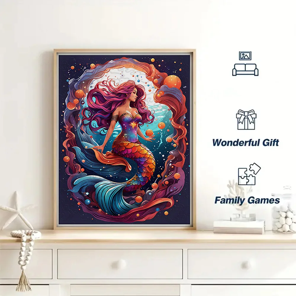 Mermaid wooden puzzle with special shapes, adult stress relieving circular magic, unique irregular animal wooden puzzle