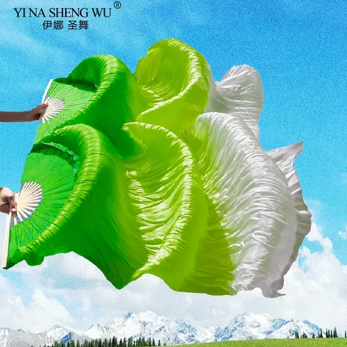 Imagen 2 del producto Velos de seda auténtica hechos a mano para adultos y niños, velo de abanico plegable largo para danza del vientre con llama de bambú, arte colorido, morado, verde, 120cm, 180cm