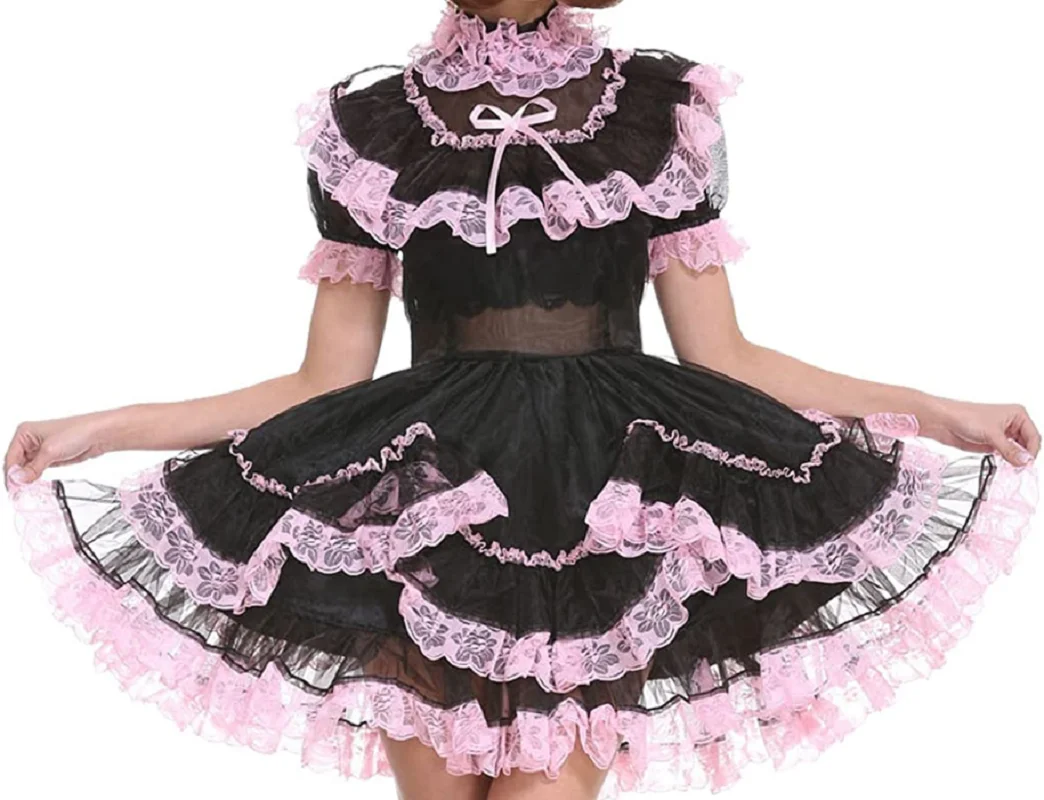 

New Hot Selling Lady Black Organza Short Sleeved Lace Trimmed Maid French Uniform Party Dress Custom