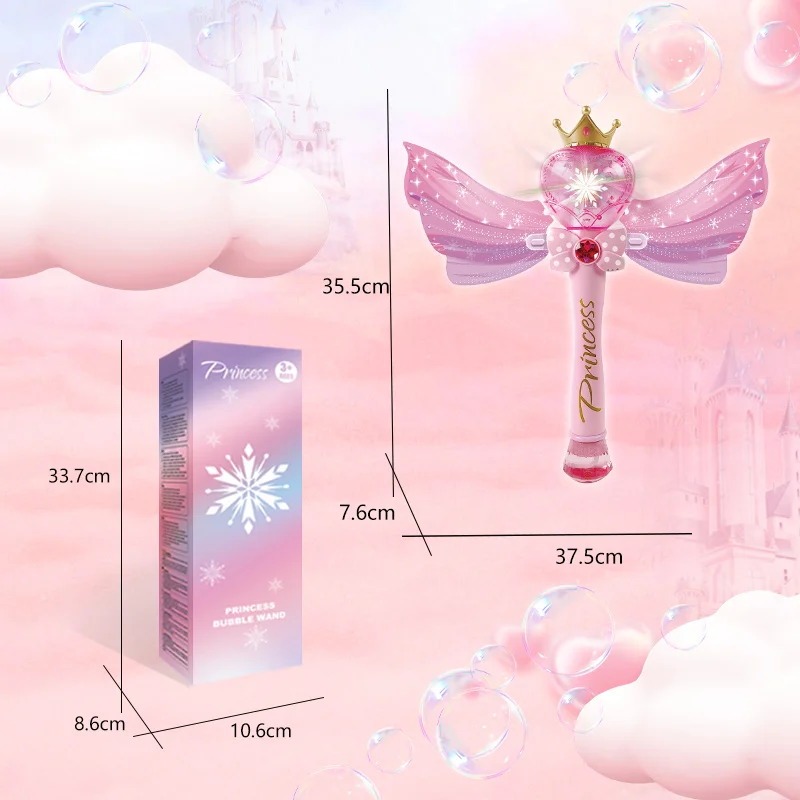 Varita de burbujas de princesa con música y luces LED, alas rosas, juguete de varita mágica - Regalo de burbujas de ensueño (líquido de burbujas no incluido)