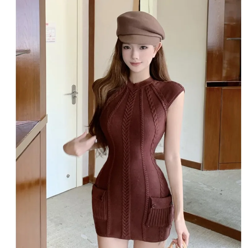 Slim Fit round Ne Twisted Waist ket Knit Dr Base Layer Wrap around Women's Faion Autumn Winter New Sle Casual Wear
