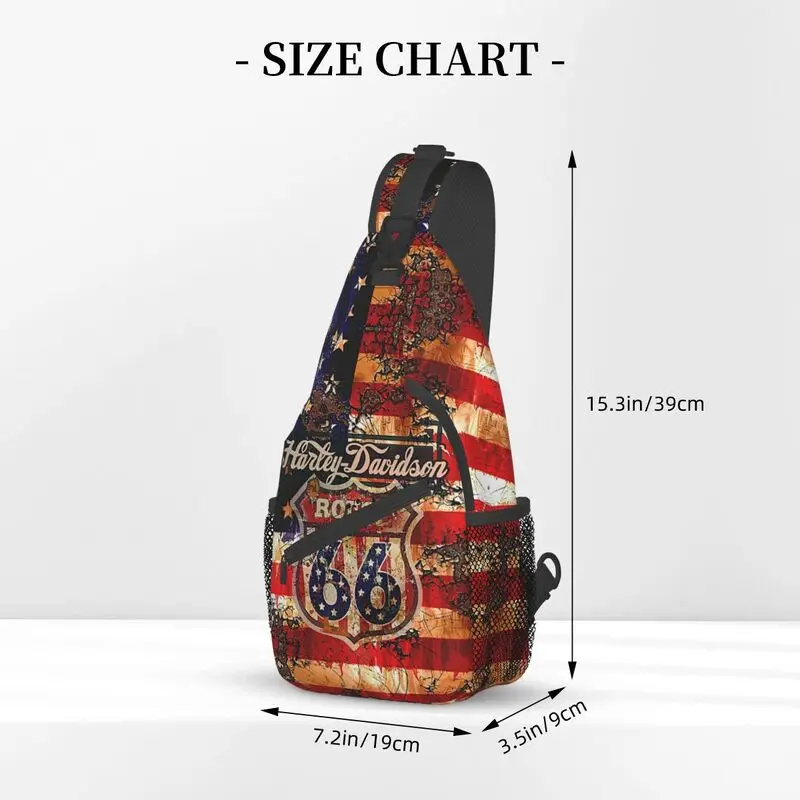 Bolsa de peito de ombro vintage personalizada para homens, mochila crossbody sling, bandeira americana Route 66, ciclismo, mochila camping