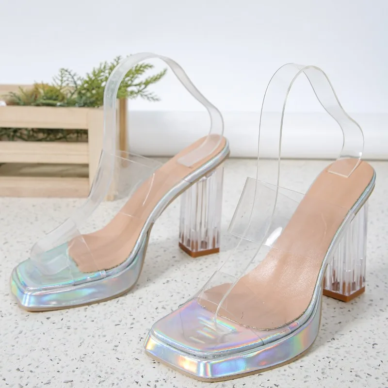 2024 Summer New Square Headed Colored Transparent Sexy Outwear Large Women's Slippers Thick Sole Crystal Single Shoes