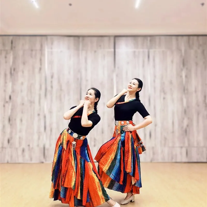 new-dance-love-in-nangdu-tibetan-dance-costume-practice-skirt-stage-performance-square-dance-set-short-sleeve-modal-fabric-women