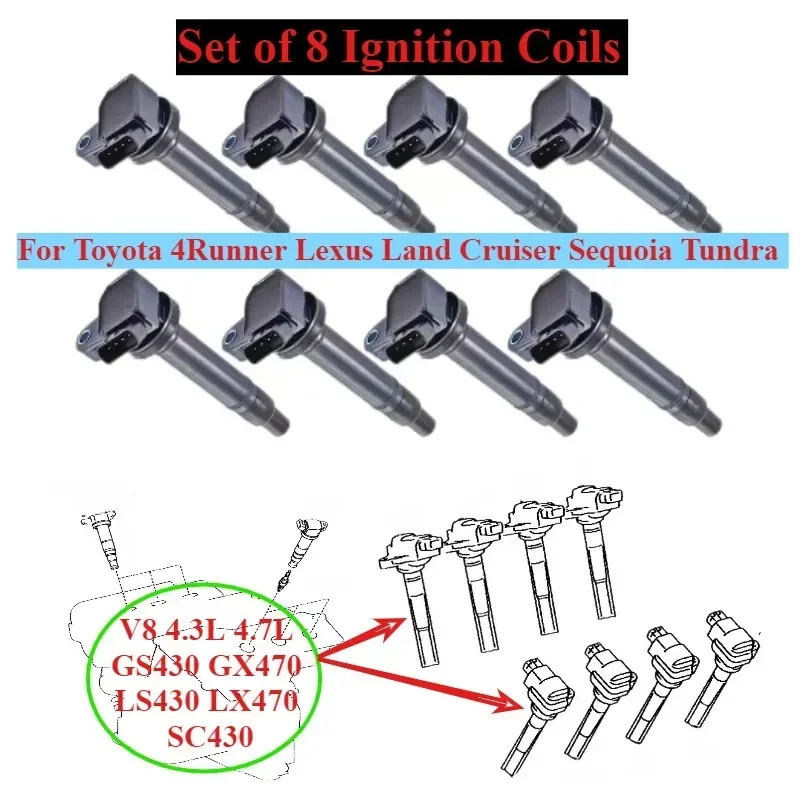 Set of 8 Ignition Coils 90919-02230 673-1303 For Toyotaa Tundra Sequoia L-EXUS GS430 LS430 LX470 90919-02259 UF230 4.7L V8 98-10