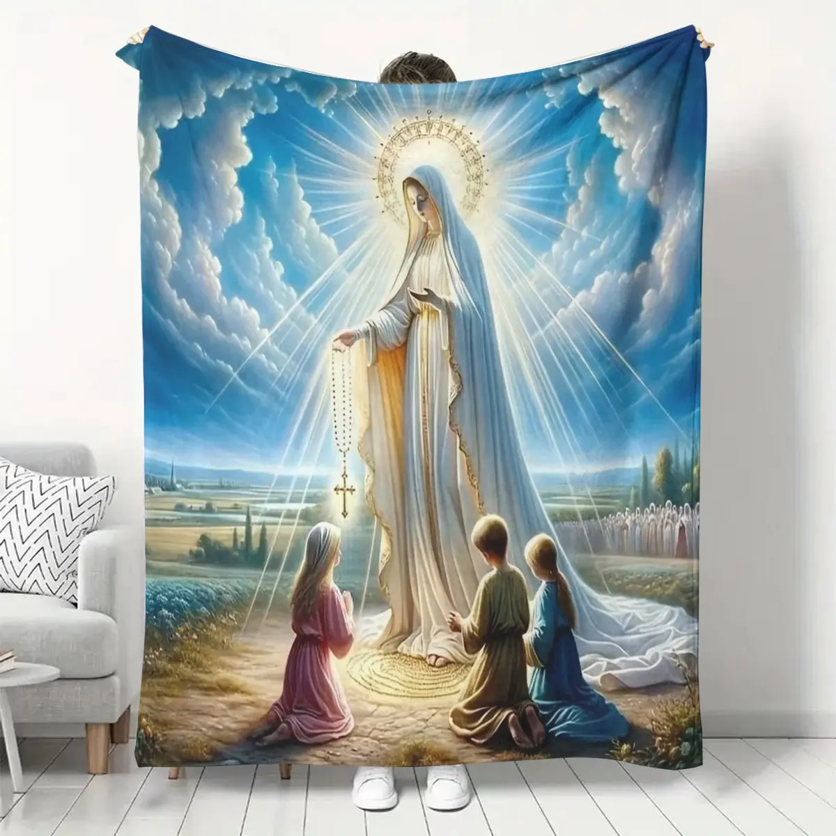 Virgin Mary & Youngsters Jesus Religious Print Flannel Blanket Portable for Travel, Camping, Office, Beach, Car, and Home Decor