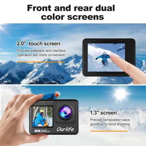 Imagen 2 del producto Cámara de acción Ourlife 5K 4K60FPS EIS WiFi pantalla Dual 170D pantalla táctil de 2,0 pulgadas 30M cámara deportiva impermeable con Control remoto