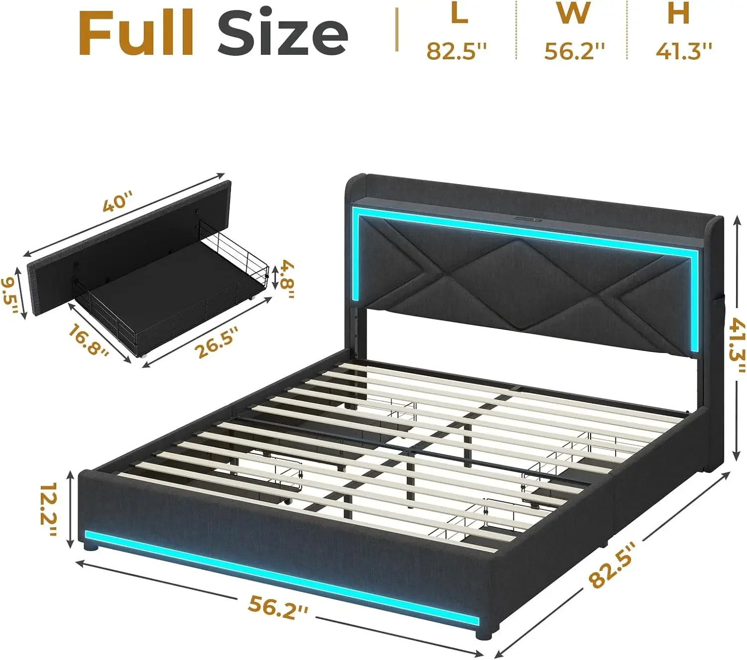 LED Full Bed Frame with Storage Headboard, Modern Upholstered Platform Bed with Type-C & USB Charging Station and 4 Drawers