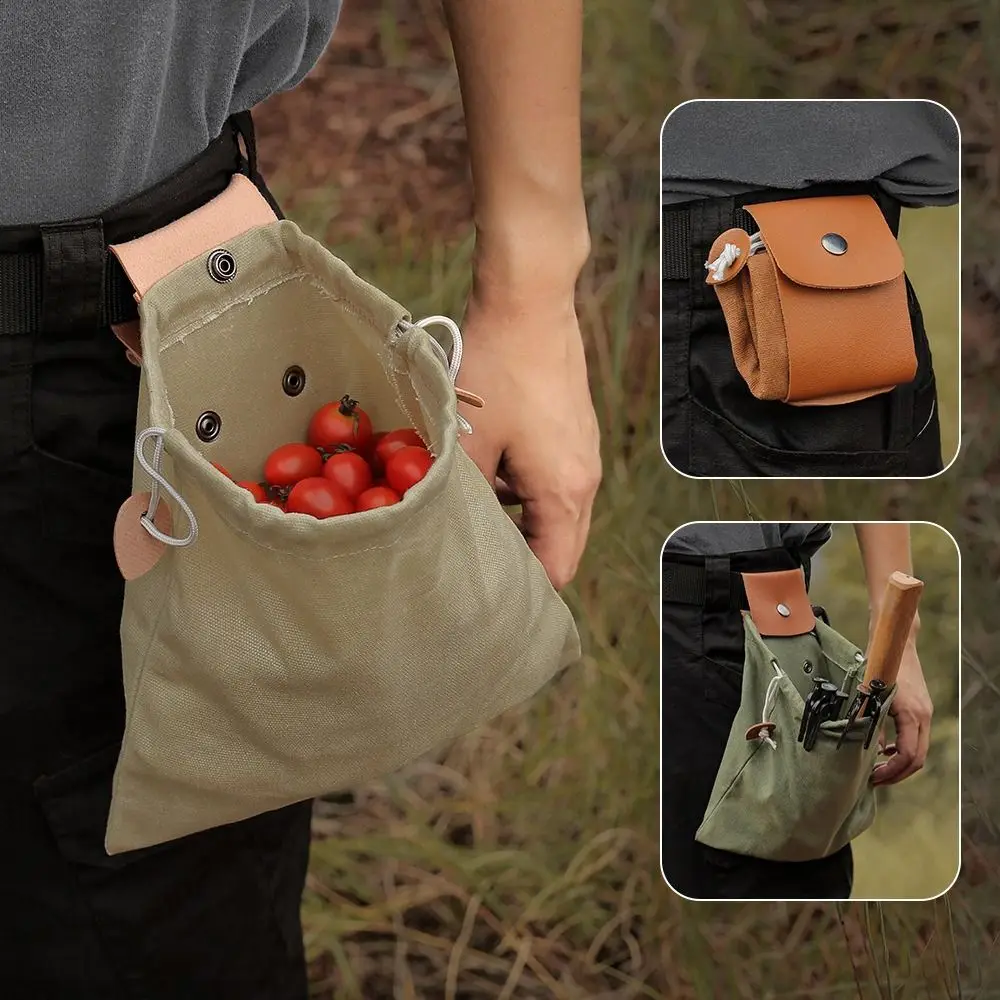 

Collapsible Canvas Storage Bag PU Leather Waxed Canvas Outdoor Foraging Bag Buckle Belt Drawstring Closure Garden Picking Pouch